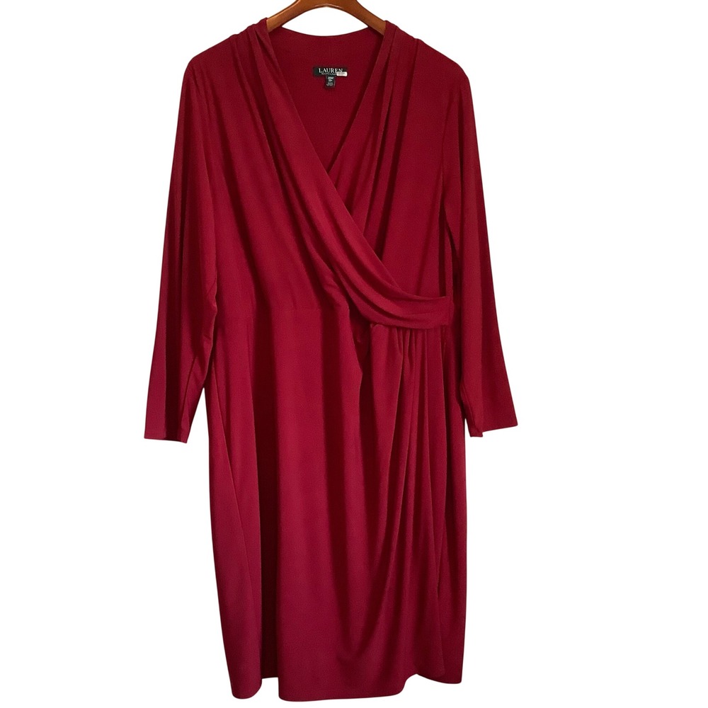 Lauren Ralph Lauren Red Faux Wrap Surplice Sheath Dress Plus SZ 20W Long Sleeve‎